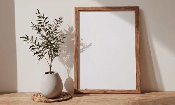 A white framed picture sits on a wooden table next to a plant