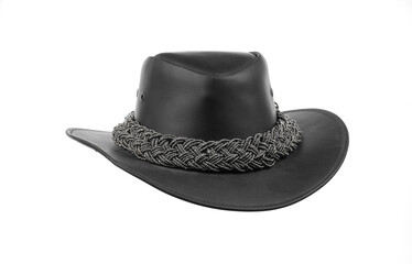 old leather black cowboy hat isolated on white background