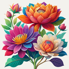 a colorful detailed line art flowers with white background, vector illustration flat 2