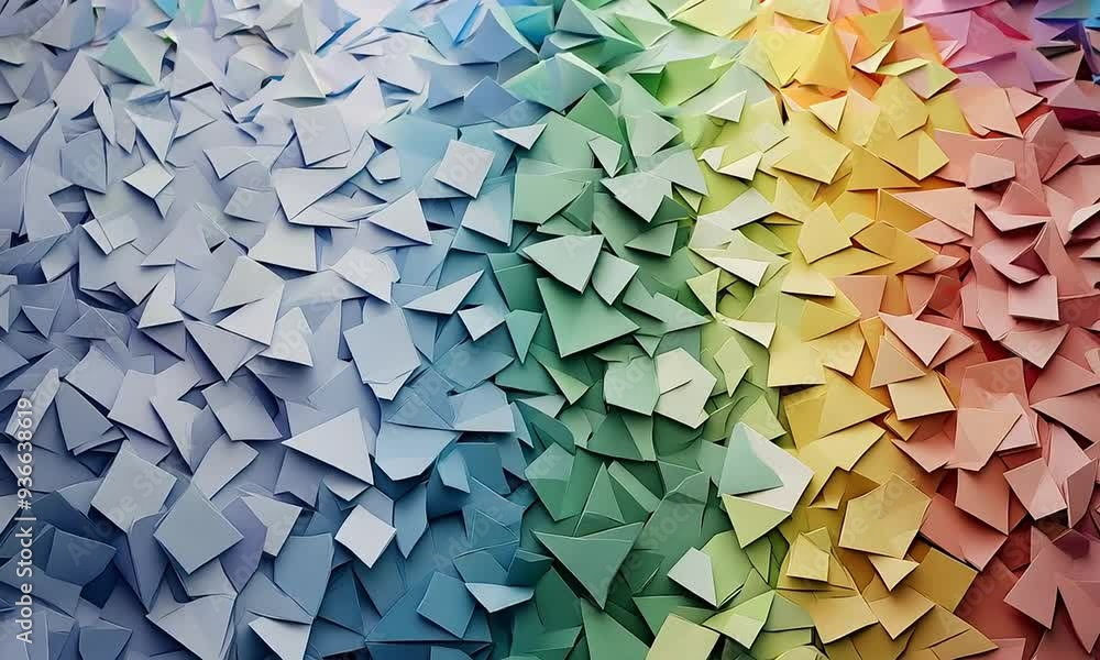 Poster A captivating display features a creative arrangement of paper triangles in various colors, showcasing intricate patterns and artistic flair with an engaging composition.