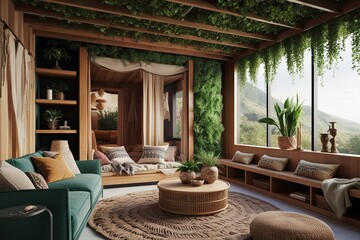 Fototapeta premium Inviting Cozy Nomadic Home Interiors in a 3D Scene with Layered Structure and Greenery