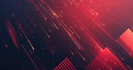 A vibrant abstract background featuring dynamic lines and geometric shapes in shades of red and dark tones.