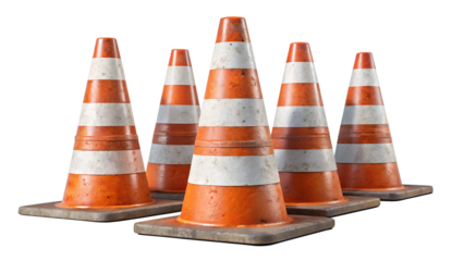 Five weathered traffic cones with dirt marks, isolated, transparent PNG file