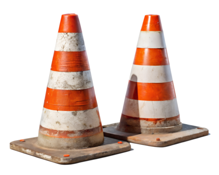 Two orange traffic cones with visible dirt marks, isolated, transparent PNG file