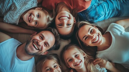 Fototapeta premium A joyful family gathered on a cozy floor, exchanging smiles and laughter while enjoying a moment together during a relaxed afternoon