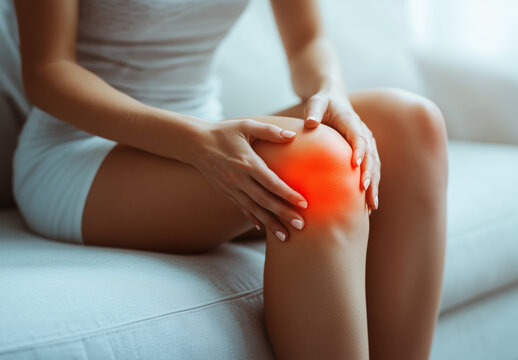 woman grabbing knee, area with pain highlighted in red. knee pain from ACL, meniscus or iliotibial band (ITB) problems. 