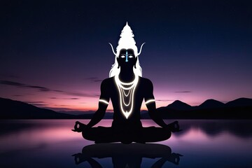 Shiva Meditation Silhouette in Tranquil Nightscape