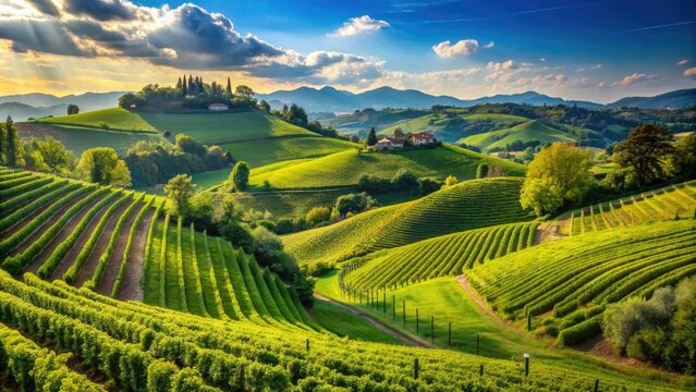 Rolling hills of lush green vineyards stretch towards the horizon under a bright blue sky in the picturesque Veneto region of northern Italy.