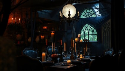 A dark and mysterious dining room, lit by candles and a moon-shaped chandelier, with an antique, ornate window in the background.