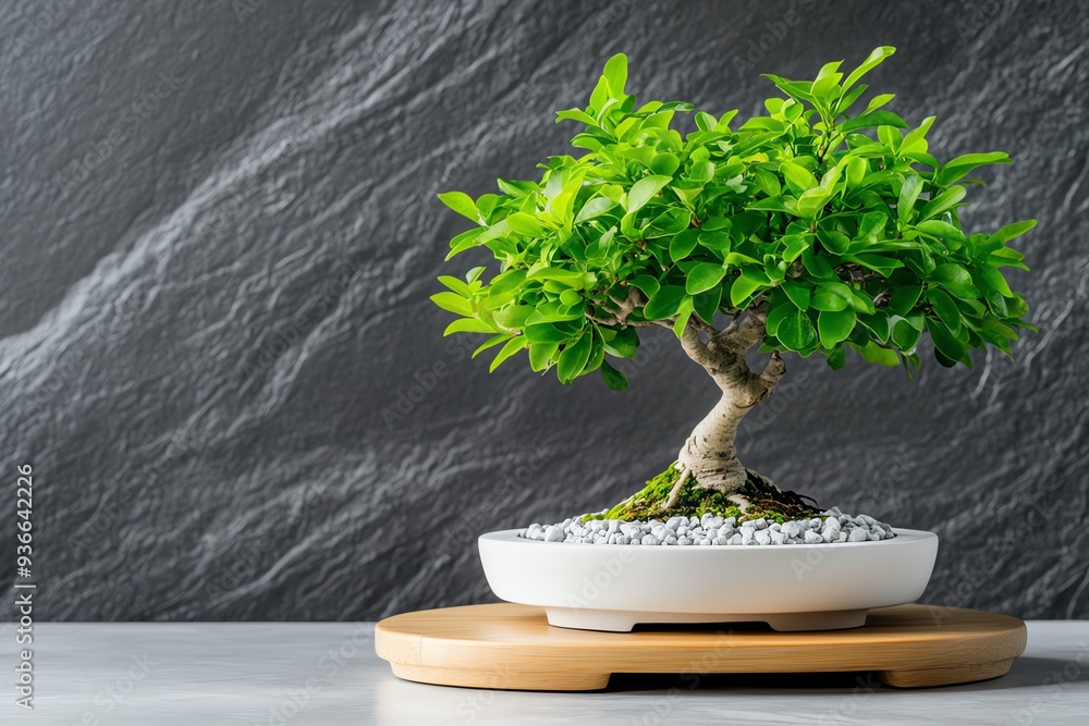 Aufkleber an elegant bonsai tree displayed in a modern home, with clean lines and a neutral color palette, bri
