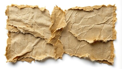 Rough, frayed, and irregularly shaped torn paper edges with ripped fibers, creases, and uneven surfaces, conveying a sense of distress, fragmentation, and decay.