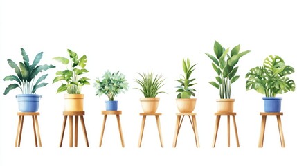 Obraz premium Watercolor Illustration of Eight Potted Plants on Wooden Stools