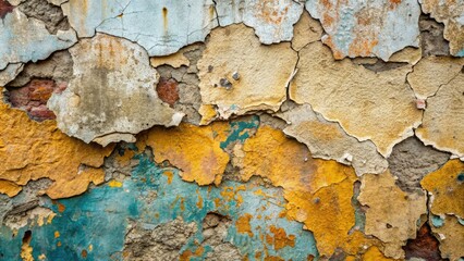 Obraz premium Rough, weathered concrete wall texture with visible aggregate, cracks, and faded industrial paint, evoking a sense of urban decay and neglect.