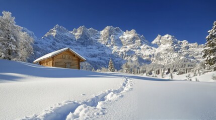 Fototapeta premium Snow-covered cabin in a serene mountain landscape during winter