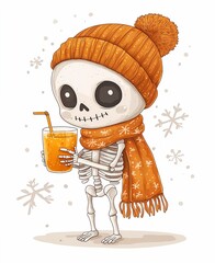 Cute skeleton character holding a orange juice in hand