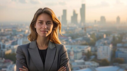 Fototapeta premium Confident businesswoman with arms crossed, city skyline in the background at sunset, professional corporate portrait.