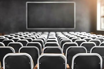 Empty Classroom Seats and Blank Blackboard