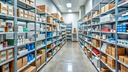 Rows of shelves stocked with medical supplies, equipment, and pharmaceuticals in a hospital storage room, with boxes and containers labeled for easy identification.