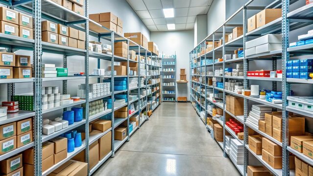 Rows of shelves stocked with medical supplies, equipment, and pharmaceuticals in a hospital storage room, with boxes and containers labeled for easy identification.
