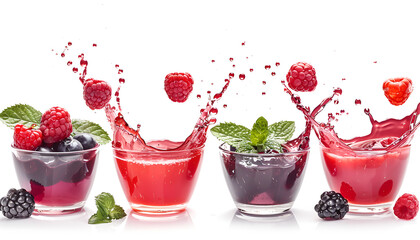 Berry juice splashes, fruit and berry compote splash collection isolated on white background