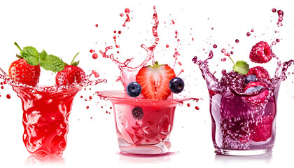 Berry juice splashes, fruit and berry compote splash collection isolated on white background