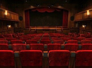 Fototapeta premium Empty Theater Auditorium Stage Red Curtains Seats
