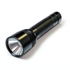 A black flashlight with a white light