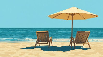 Two Beach Chairs Facing the Ocean with Umbrella