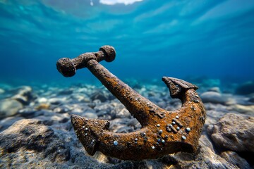 An old anchor encrusted with barnacles and marine growth, lying abandoned on the ocean floor, telling the story of its long, submerged history