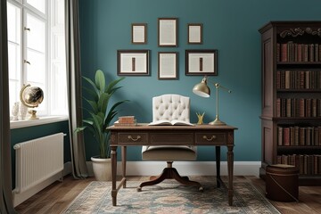 Chic Study Area Mockup with Vintage Wooden Desk and Literary Decor