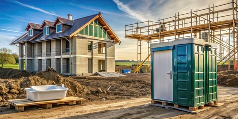 Rural development in progress, a partially built residence rises in the background while a portable toilet stands prominently in the foreground amidst the construction site.