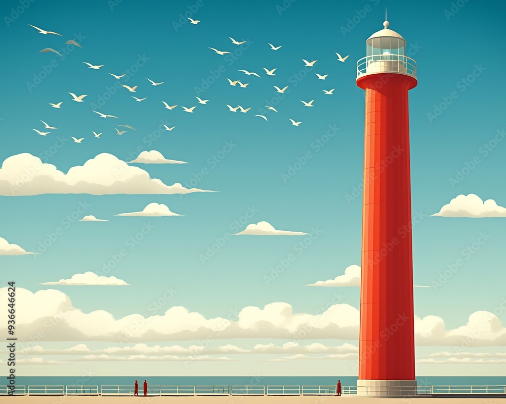 Poster vector depiction of lighthouse standing against crashing waves symbolizing strength and resilience v