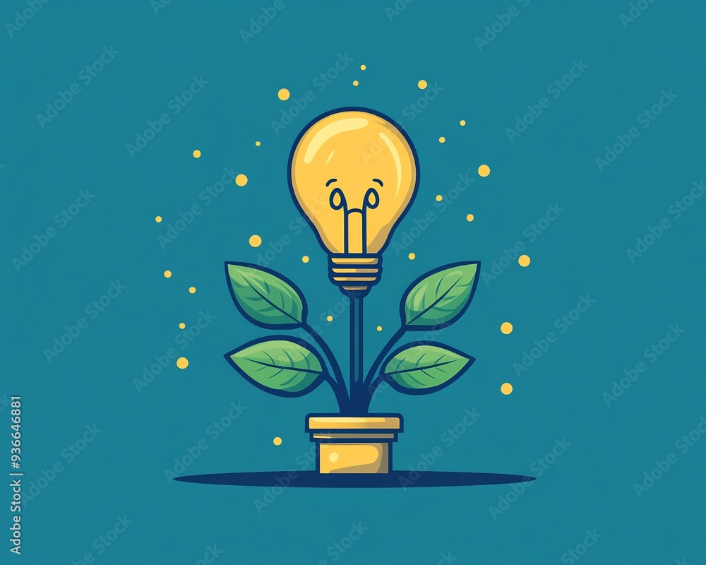 Poster vector depiction of a plant whose leaves turn into light bulbs symbolizing growth and innovation vis
