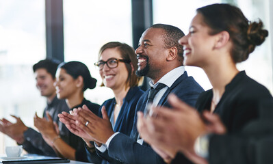 Success, conference or happy business people clapping for feedback, seminar or celebration....