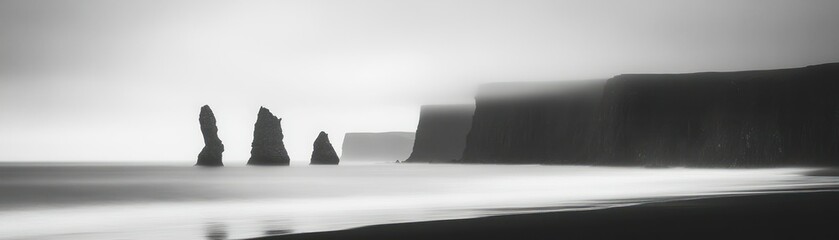 Dramatic Black and White Seascape with Silhouetted Rock Formations