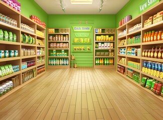 Fototapeta premium Grocery Store Interior with Green Walls and Wooden Shelves