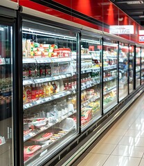 Obraz premium Refrigerated Shelves Full of Food at a Grocery Store
