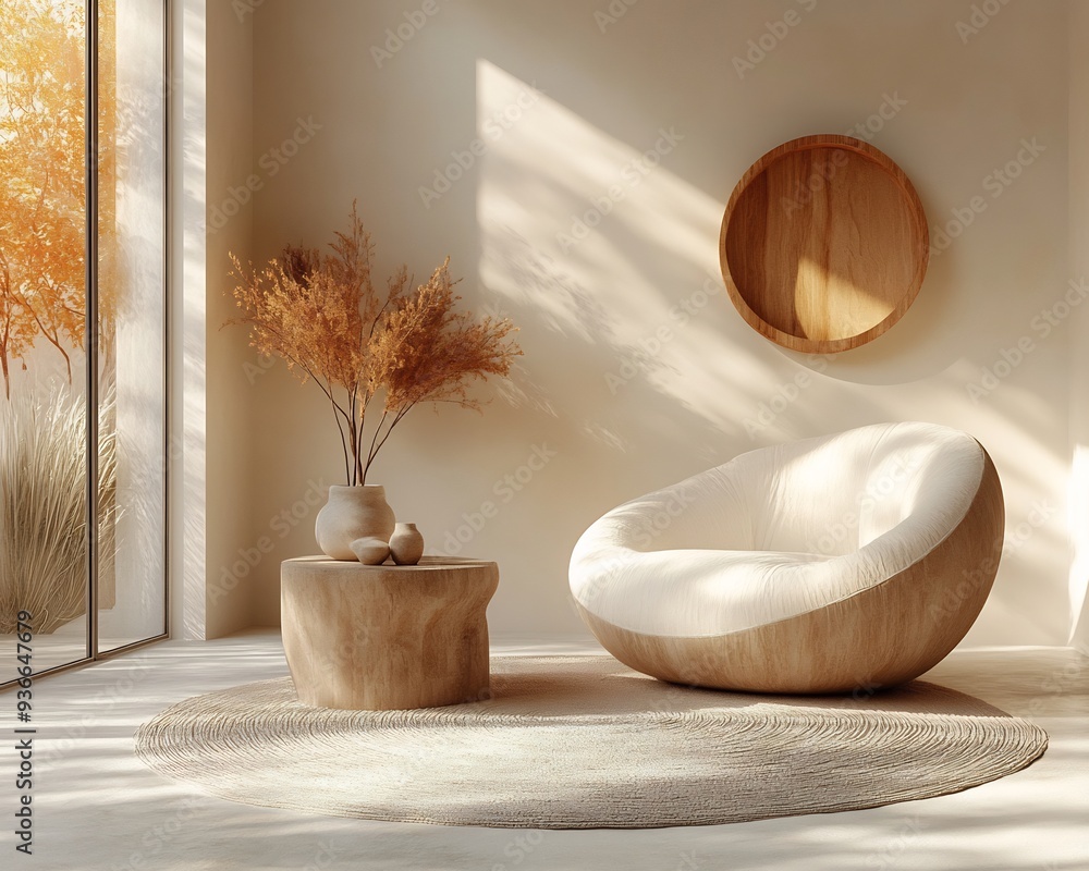 Poster vector depiction of a serene uncluttered room with natural light pouring in symbolizing simplicity i