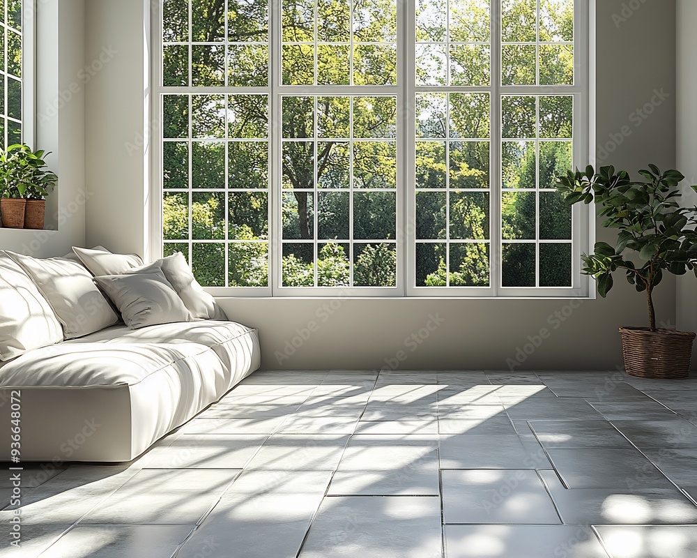 Poster vector depiction of a serene uncluttered room with natural light pouring in symbolizing simplicity i
