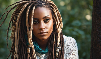 A woman with long, brown and blonde dreadlocks looks intensely at the camera, standing in a forest