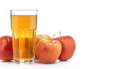 fresh home made apple juice squeezed in glass with red apples. Made from a personal juicer extractor or machine. Isolated on white background with copy space