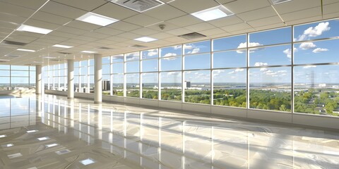 Modern Office Interior with Large Windows and City View