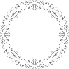 Pomegranates and bellflowers black outline lace border. Isolated copy space embroidery template. Coloring page