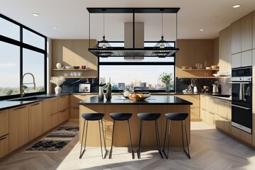 Modern Apartment Mock-Up: Airy Kitchen Design with Expansive Layout and Trendy Decor