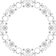Pomegranates and flowers black outline isolated lace border. Copy space embroidery template. Coloring page
