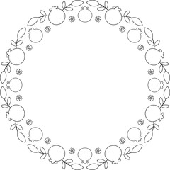 Pomegranates black outline frame border. Isolated copy space embroidery template. Coloring page. Rosh Hashanah theme