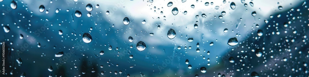 Poster water droplets flowing down a window with a soft-focus view of rugged mountains in the background.
