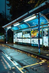 Graffiti Covered Bus Stop in the Evening