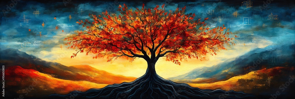Poster vector depiction of sprawling tree deep root each root intertwining symbol of struggle triumph repre