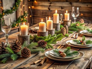 Rustic wooden dinner table set for holiday celebration with candles, pine cones, and fir branches, evoking cozy Scandinavian-inspired zero-waste elegance and natural winter wonderland charm.